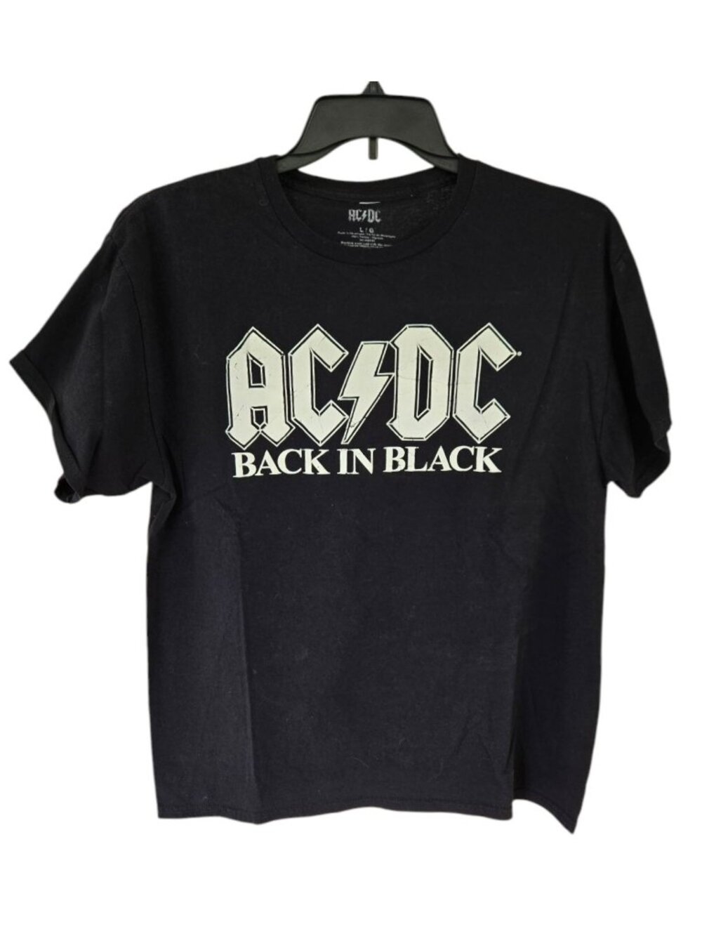 ACDC Back In Black Unisex Cotton Crewneck T-Shirt White Letters Men's Large